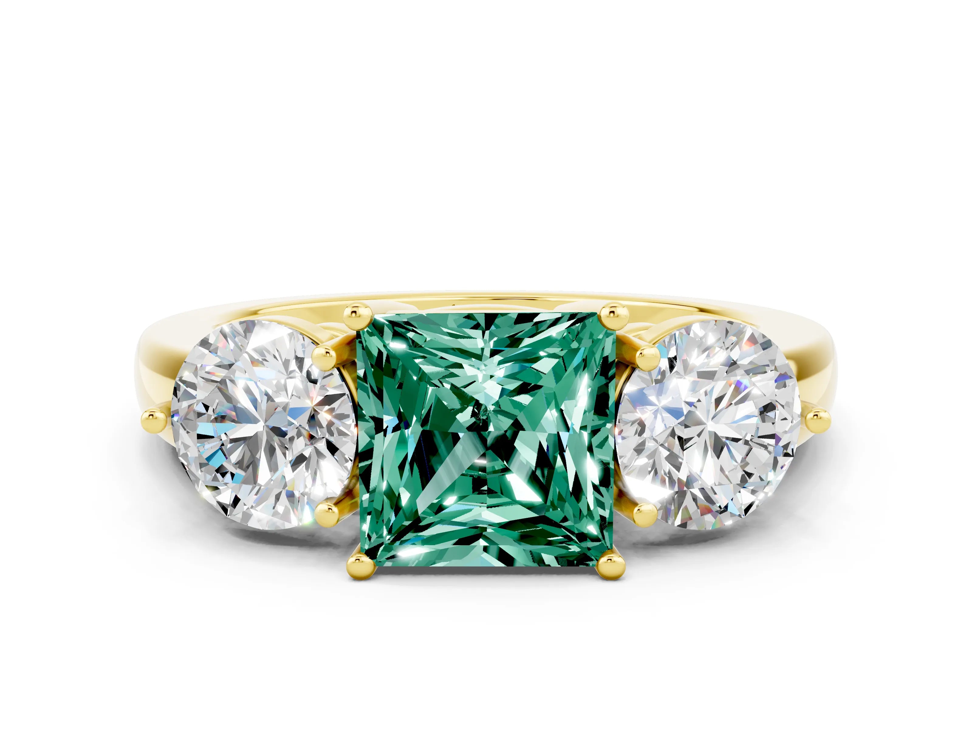 Yellow gold Princess Cut Green Sapphire Three-Stone Ring with Prong Setting and Classic Band