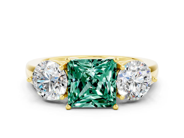 Yellow gold Princess Cut Green Sapphire Three-Stone Ring with Prong Setting and Classic Band