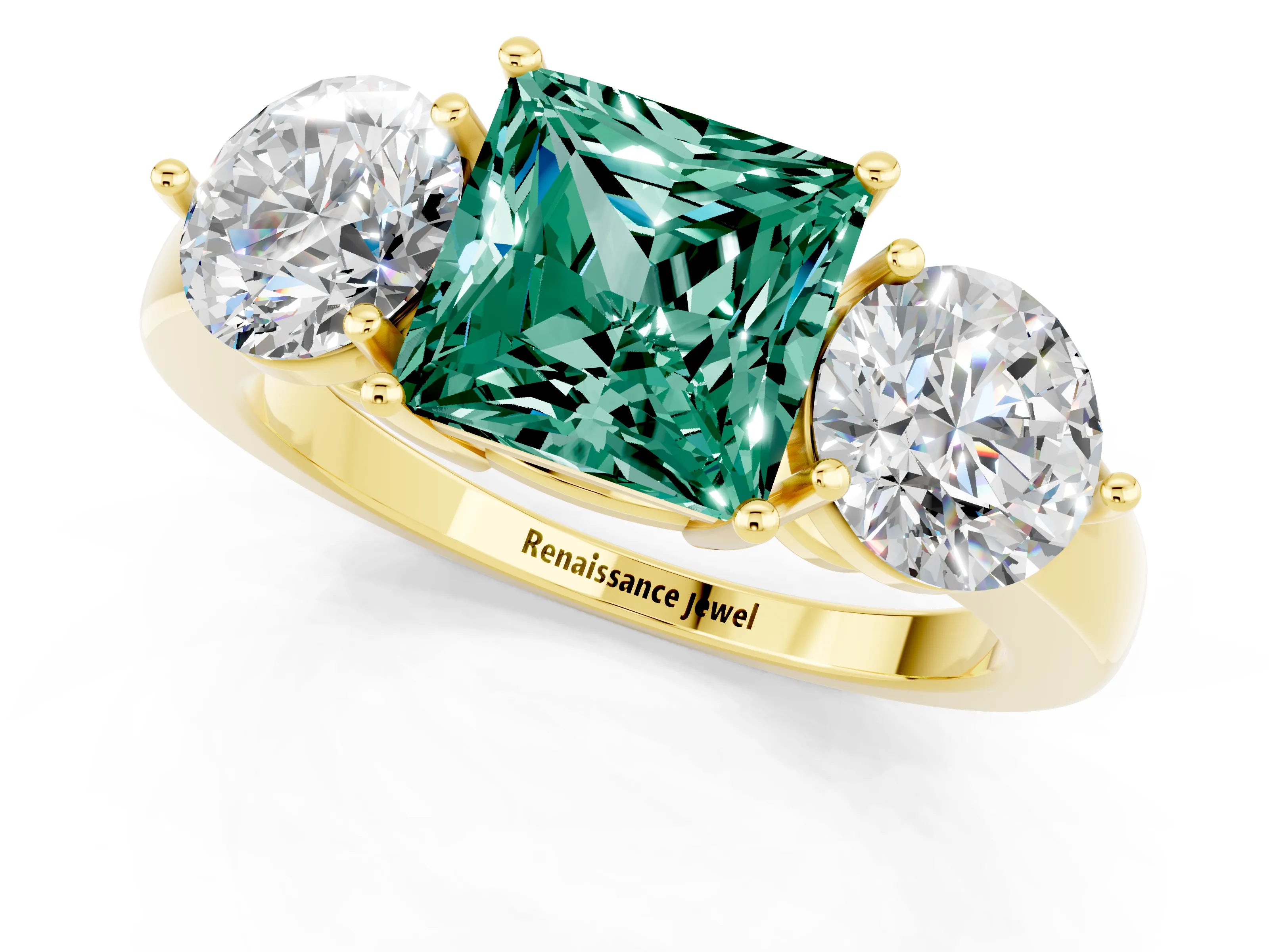 Yellow gold Princess Cut Green Sapphire Three-Stone Ring with Prong Setting and Classic Band_1