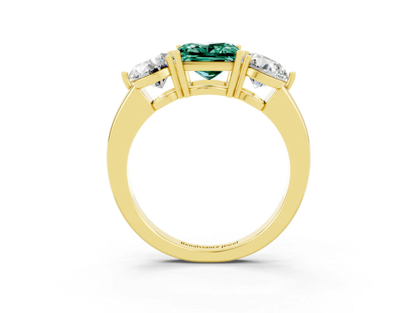 Yellow gold Princess Cut Green Sapphire Three-Stone Ring with Prong Setting and Classic Band