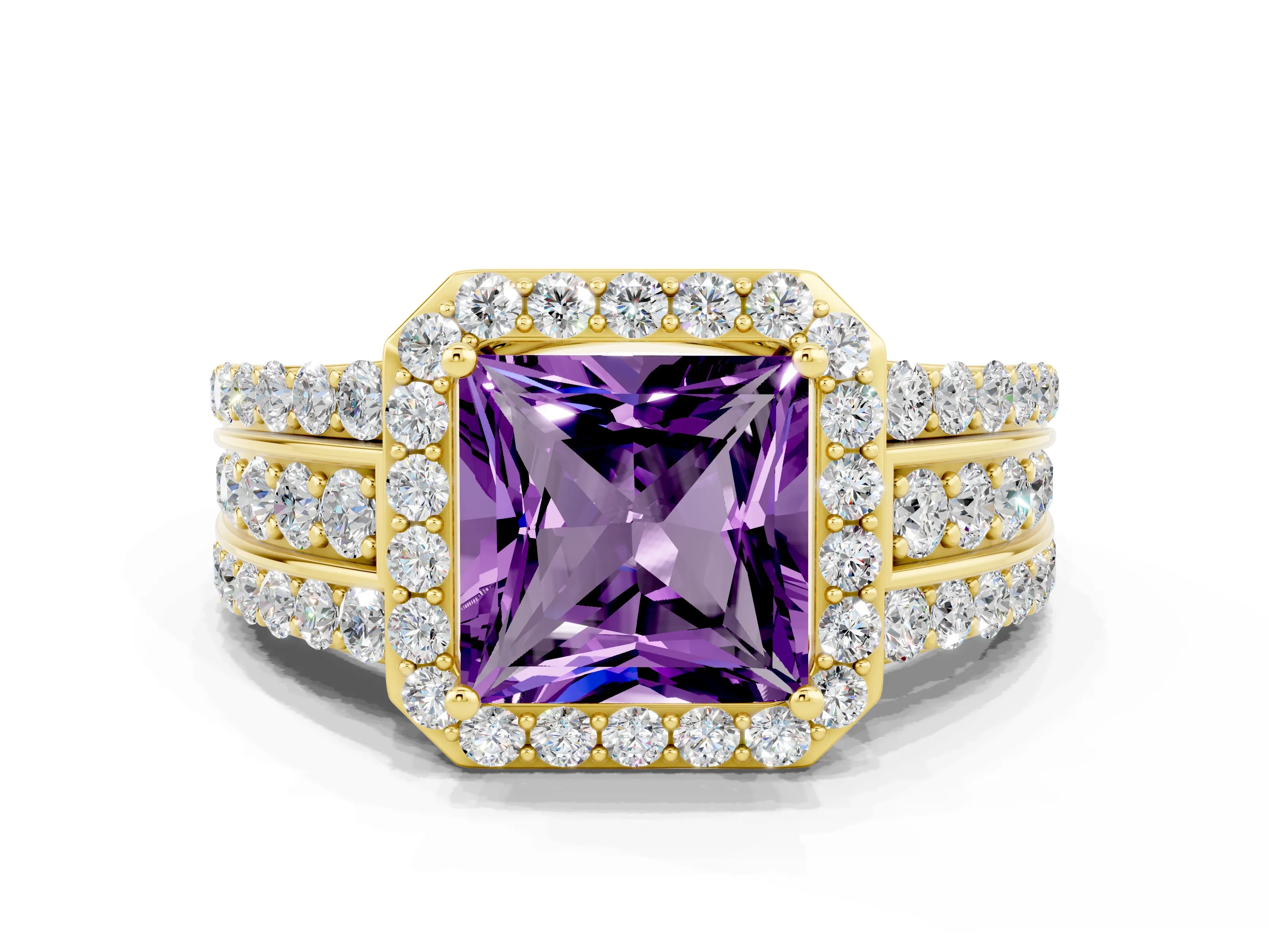 Yellow gold Princess Cut Halo Amethyst Ring with Split Shank and Four-Prong Setting