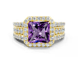 Yellow gold Princess Cut Halo Amethyst Ring with Split Shank and Four-Prong Setting