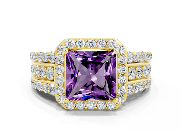 Yellow gold Princess Cut Halo Amethyst Ring with Round  Split Shank and Prong Setting