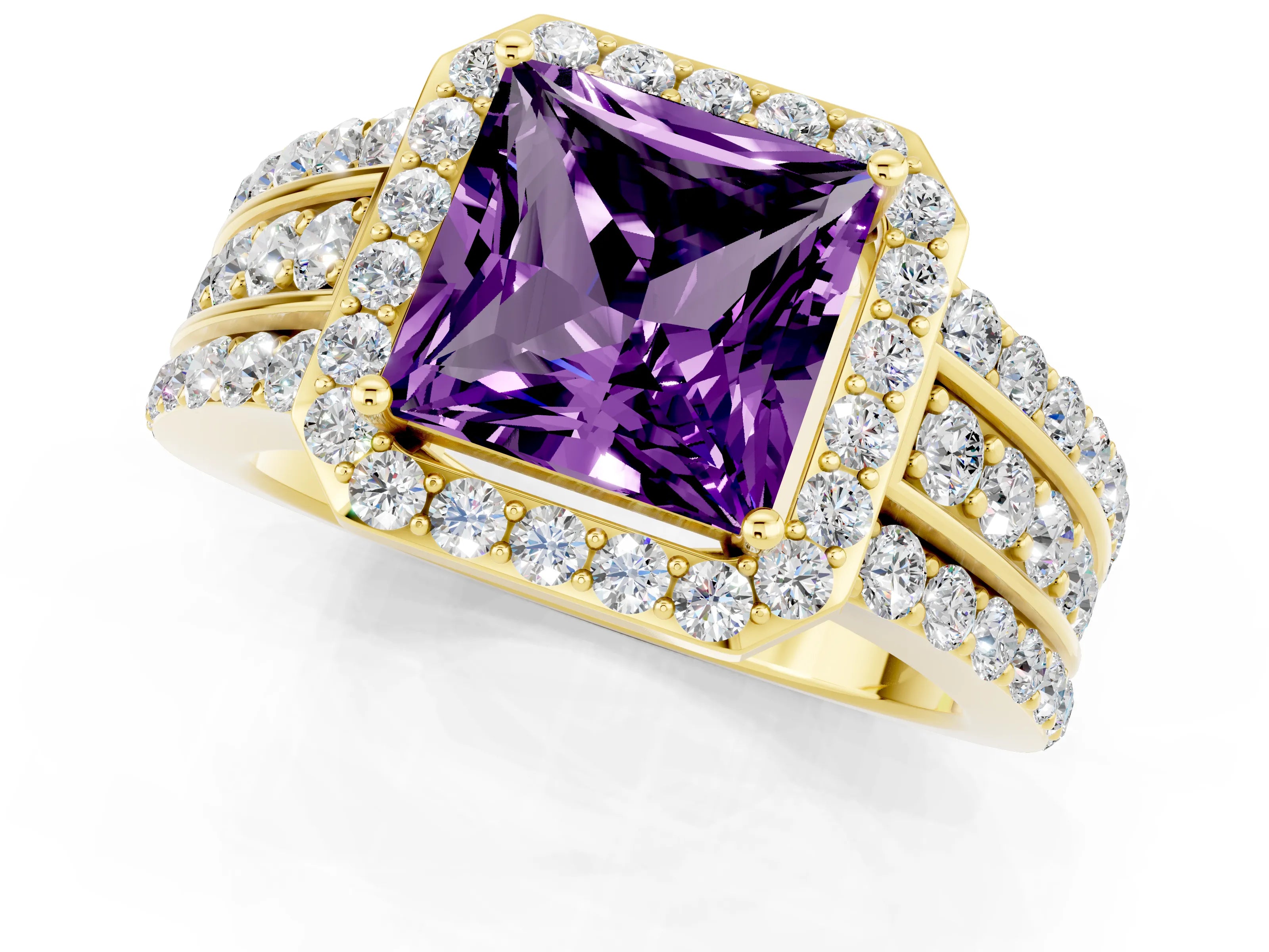 Yellow gold Princess Cut Halo Amethyst Ring with Split Shank and Four-Prong Setting_1