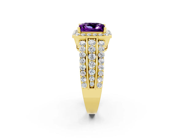 Yellow gold Princess Cut Halo Amethyst Ring with Round  Split Shank and Prong Setting