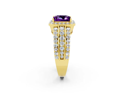 Yellow gold Princess Cut Halo Amethyst Ring with Split Shank and Four-Prong Setting_2