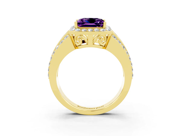 Yellow gold Princess Cut Halo Amethyst Ring with Round  Split Shank and Prong Setting