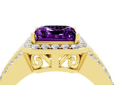 Yellow gold Princess Cut Halo Amethyst Ring with Split Shank and Four-Prong Setting_4