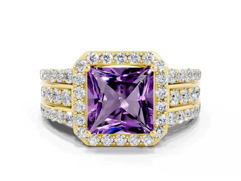 Yellow gold Princess Cut Halo Amethyst Ring with Split Shank and Four-Prong Setting