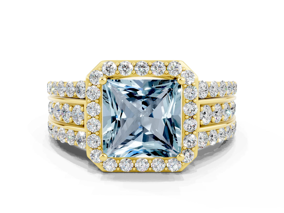 Yellow gold Princess Cut Halo Aquamarine Ring with Split Shank and Four-Prong Setting