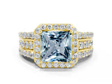 Yellow gold Princess Cut Halo Aquamarine Ring with Split Shank and Four-Prong Setting