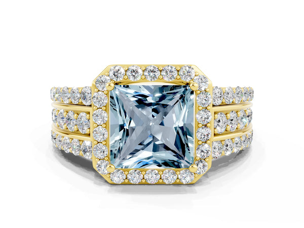 Yellow gold Princess Cut Halo Aquamarine Ring with Round  Split Shank and Prong Setting