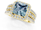 Yellow gold Princess Cut Halo Aquamarine Ring with Split Shank and Four-Prong Setting_1
