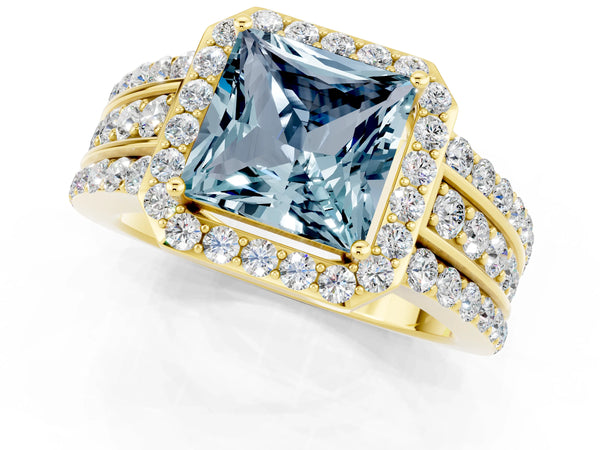 Yellow gold Princess Cut Halo Aquamarine Ring with Round  Split Shank and Prong Setting