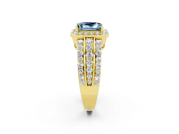 Yellow gold Princess Cut Halo Aquamarine Ring with Round  Split Shank and Prong Setting
