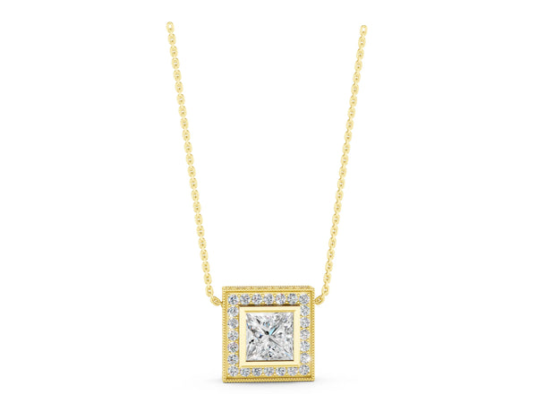Yellow gold Princess Cut Halo Bezel Pendant