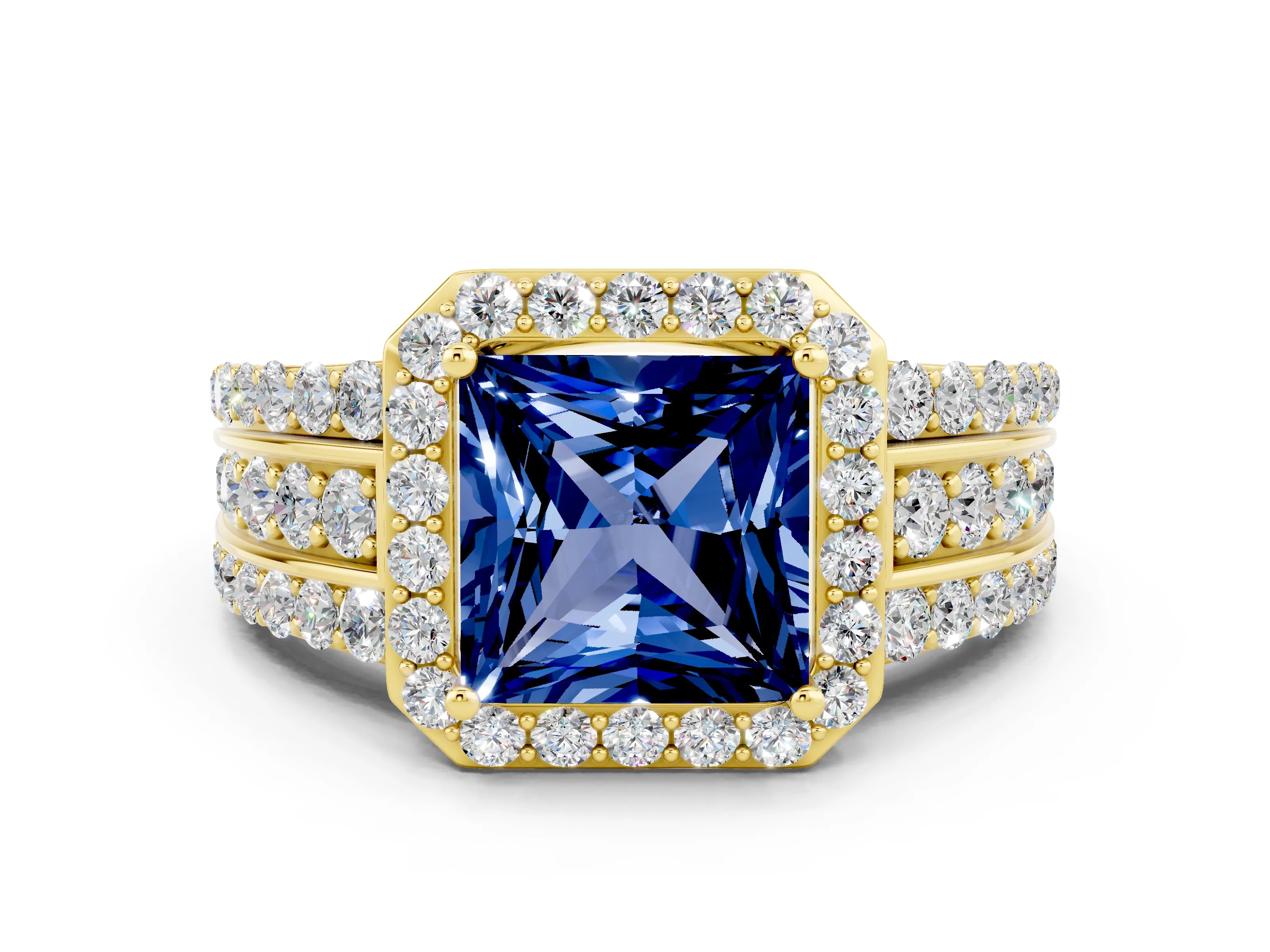 Yellow gold Princess Cut Halo Blue Sapphire Ring with Split Shank and Four-Prong Setting