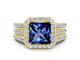 Yellow gold Princess Cut Halo Blue Sapphire Ring with Split Shank and Four-Prong Setting