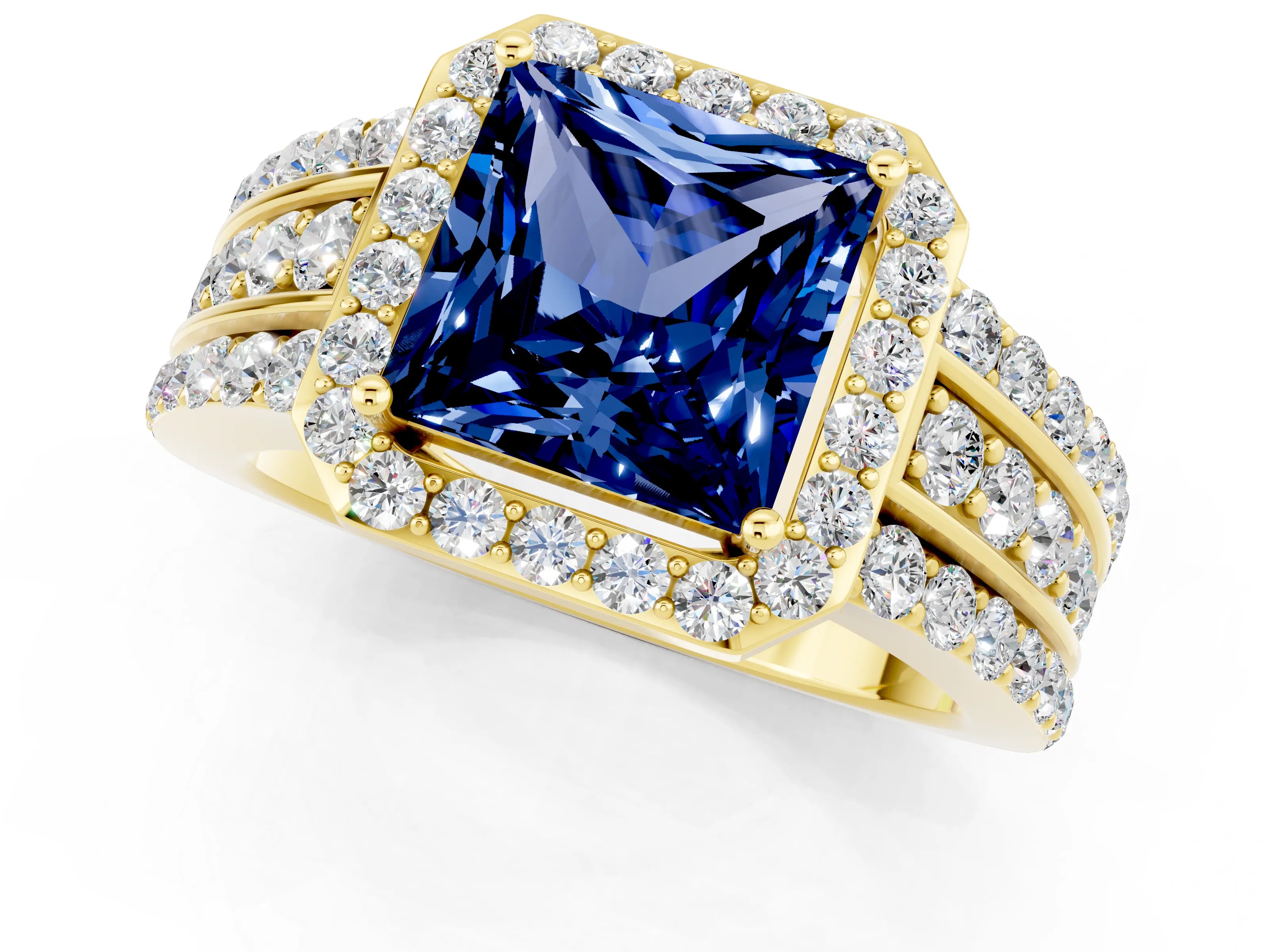 Yellow gold Princess Cut Halo Blue Sapphire Ring with Split Shank and Four-Prong Setting_1