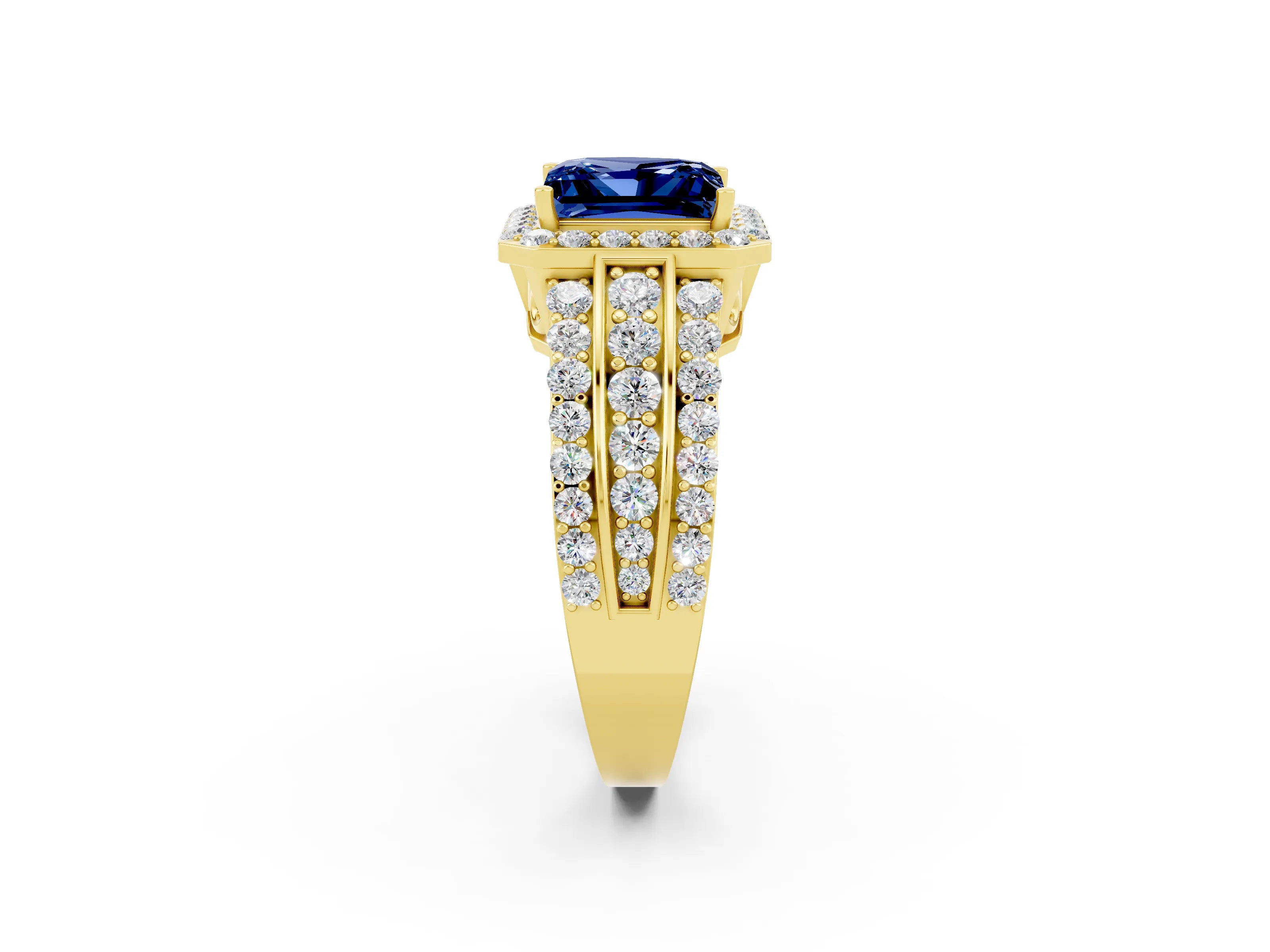 Yellow gold Princess Cut Halo Blue Sapphire Ring with Split Shank and Four-Prong Setting_2