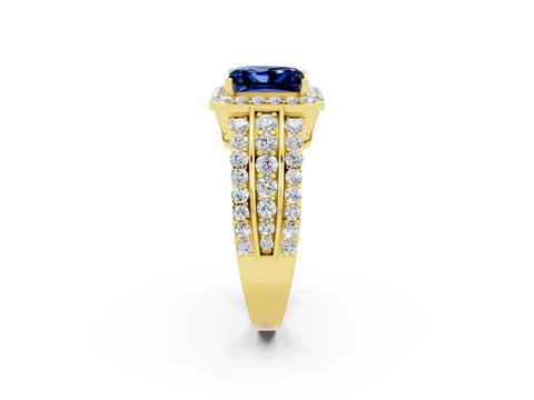 Yellow gold Princess Cut Halo Blue Sapphire Ring with Split Shank and Four-Prong Setting_2
