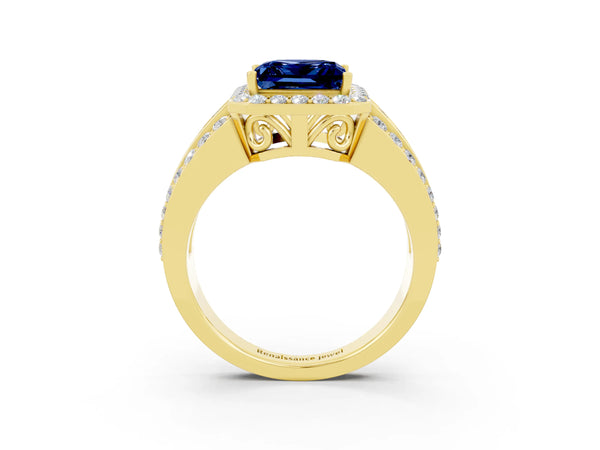 Yellow gold Princess Cut Halo Blue Sapphire Ring with Round  Split Shank and Prong Setting