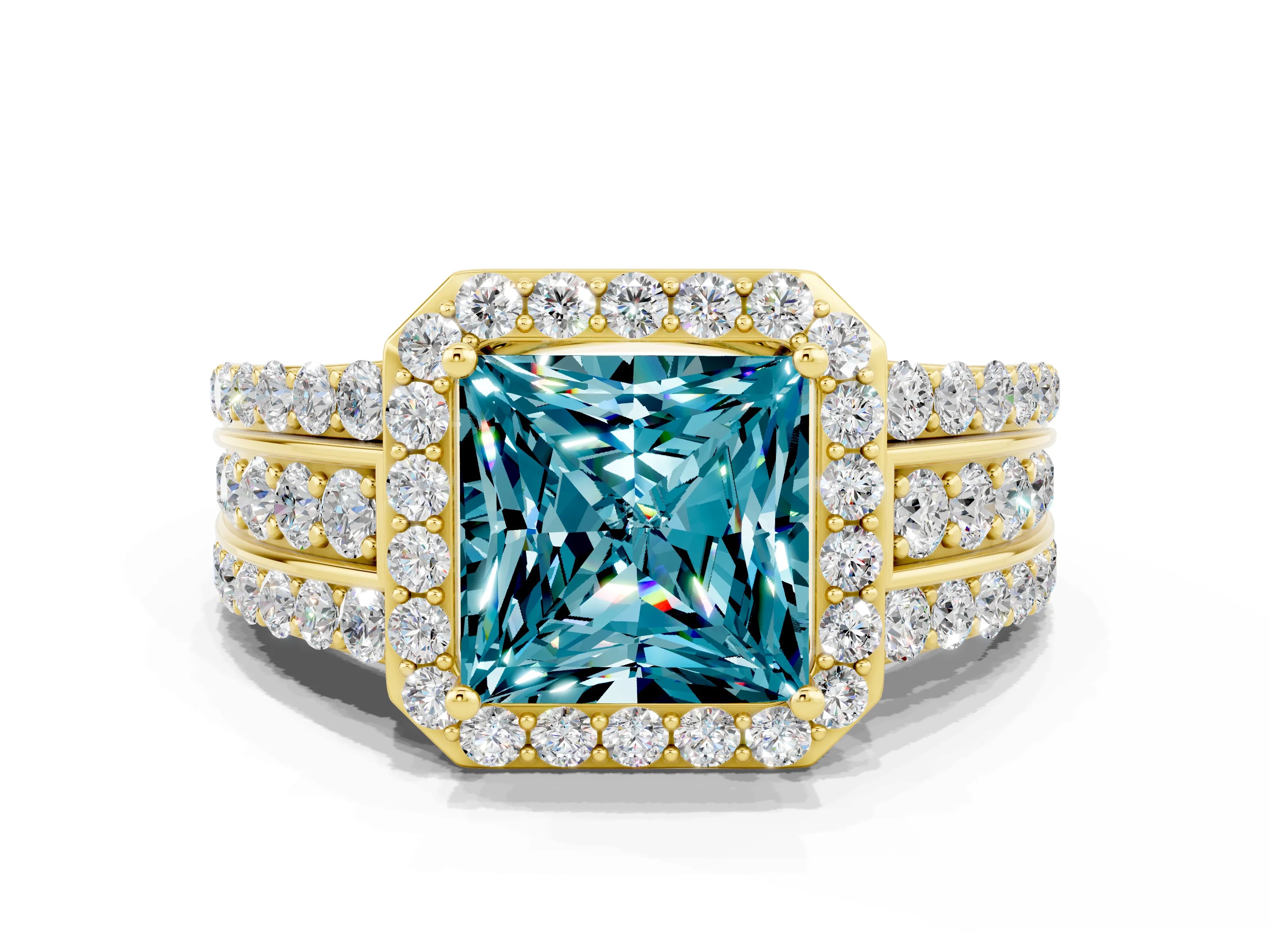Yellow gold Princess Cut Halo Blue Topaz Ring with Split Shank and Four-Prong Setting