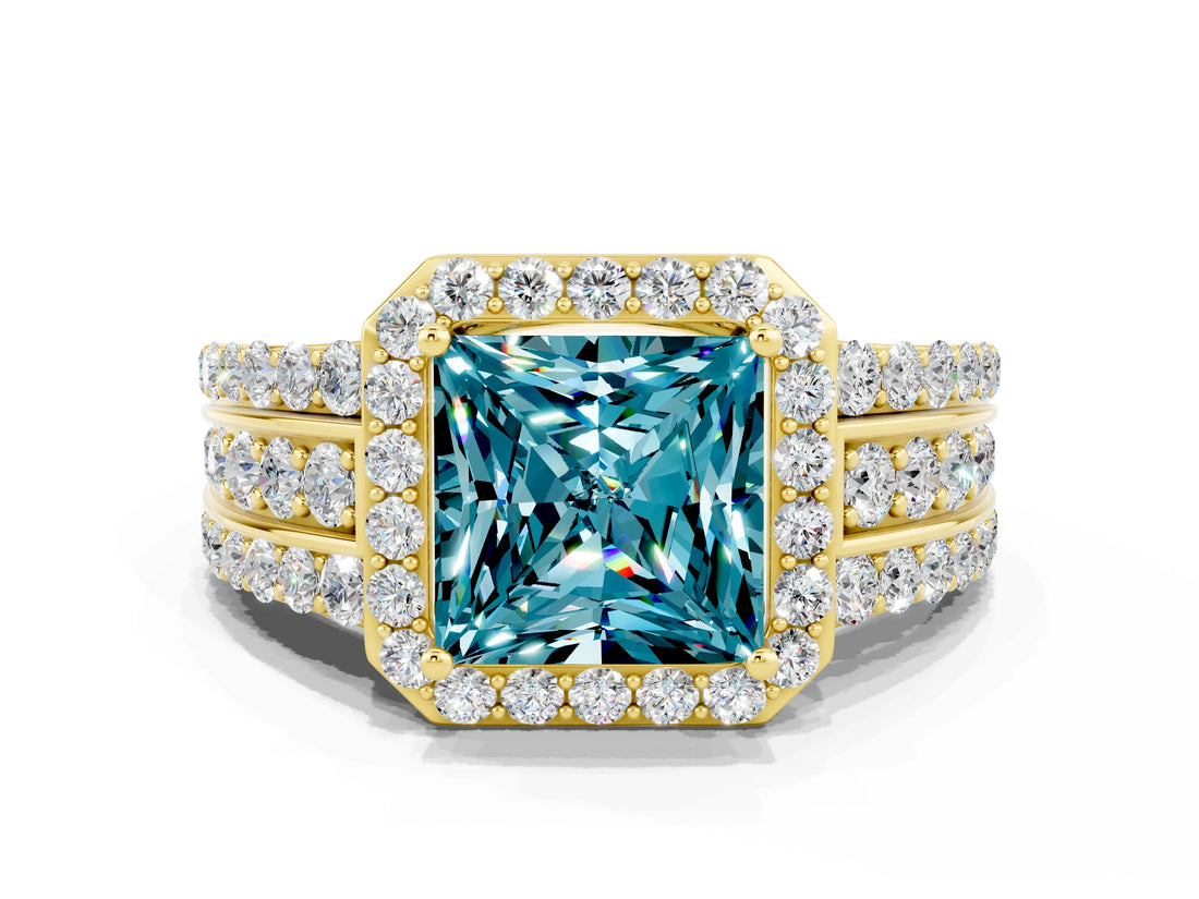 Yellow gold Princess Cut Halo Blue Topaz Ring with Split Shank and Four-Prong Setting