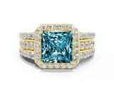 Yellow gold Princess Cut Halo Blue Topaz Ring with Split Shank and Four-Prong Setting