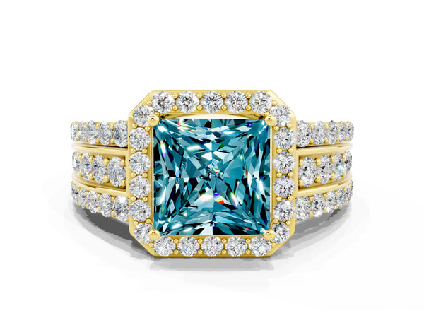 Yellow gold Princess Cut Halo Blue Topaz Ring with Round  Split Shank and Prong Setting