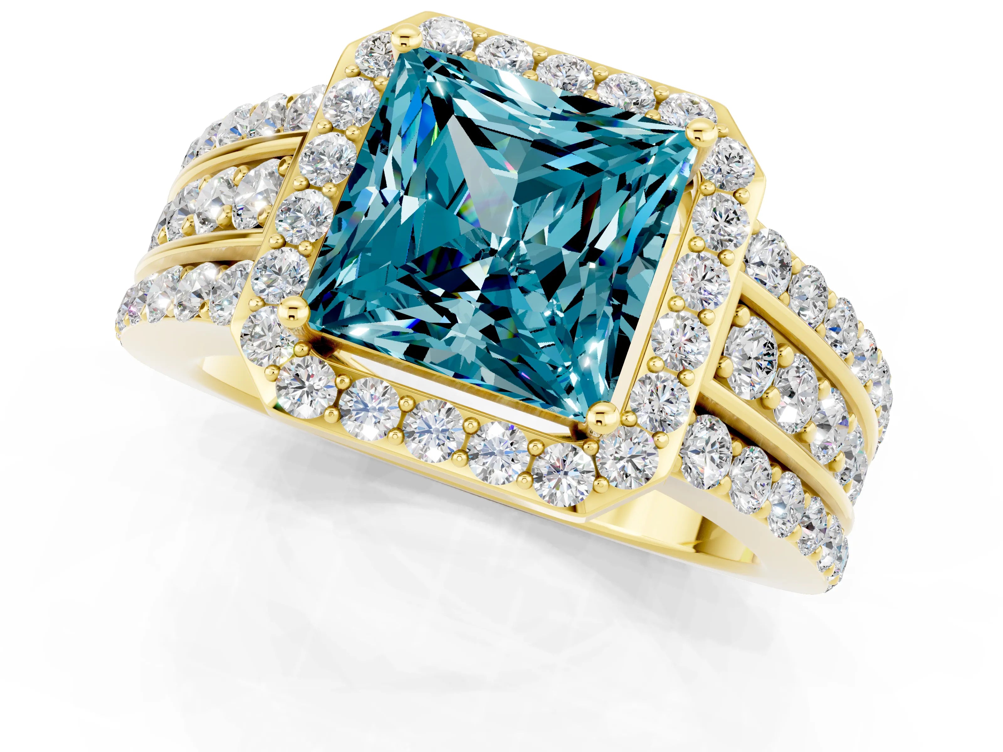 Yellow gold Princess Cut Halo Blue Topaz Ring with Split Shank and Four-Prong Setting_1