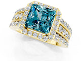 Yellow gold Princess Cut Halo Blue Topaz Ring with Split Shank and Four-Prong Setting_1