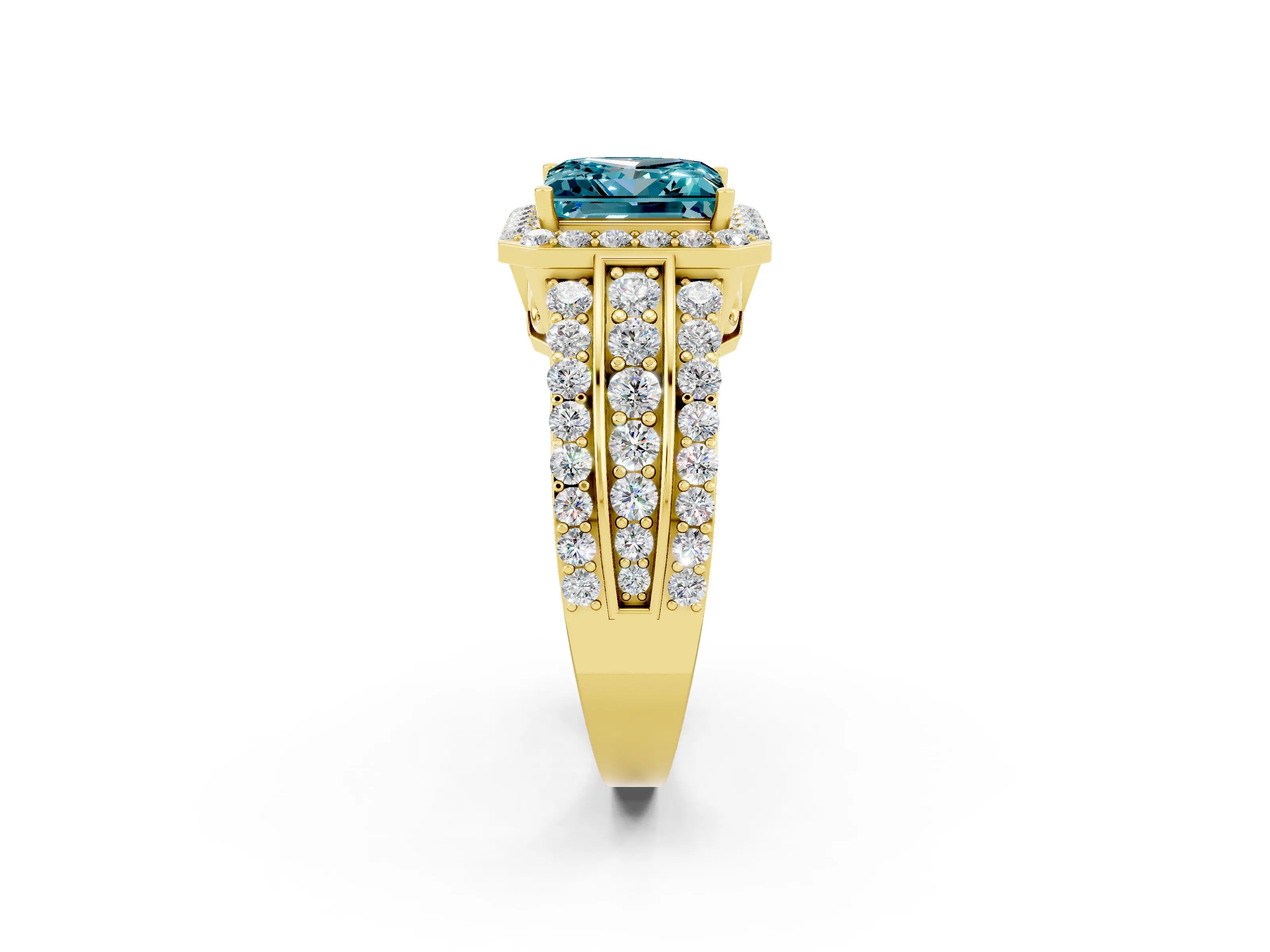 Yellow gold Princess Cut Halo Blue Topaz Ring with Split Shank and Four-Prong Setting_2