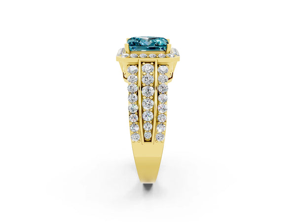 Yellow gold Princess Cut Halo Blue Topaz Ring with Round  Split Shank and Prong Setting