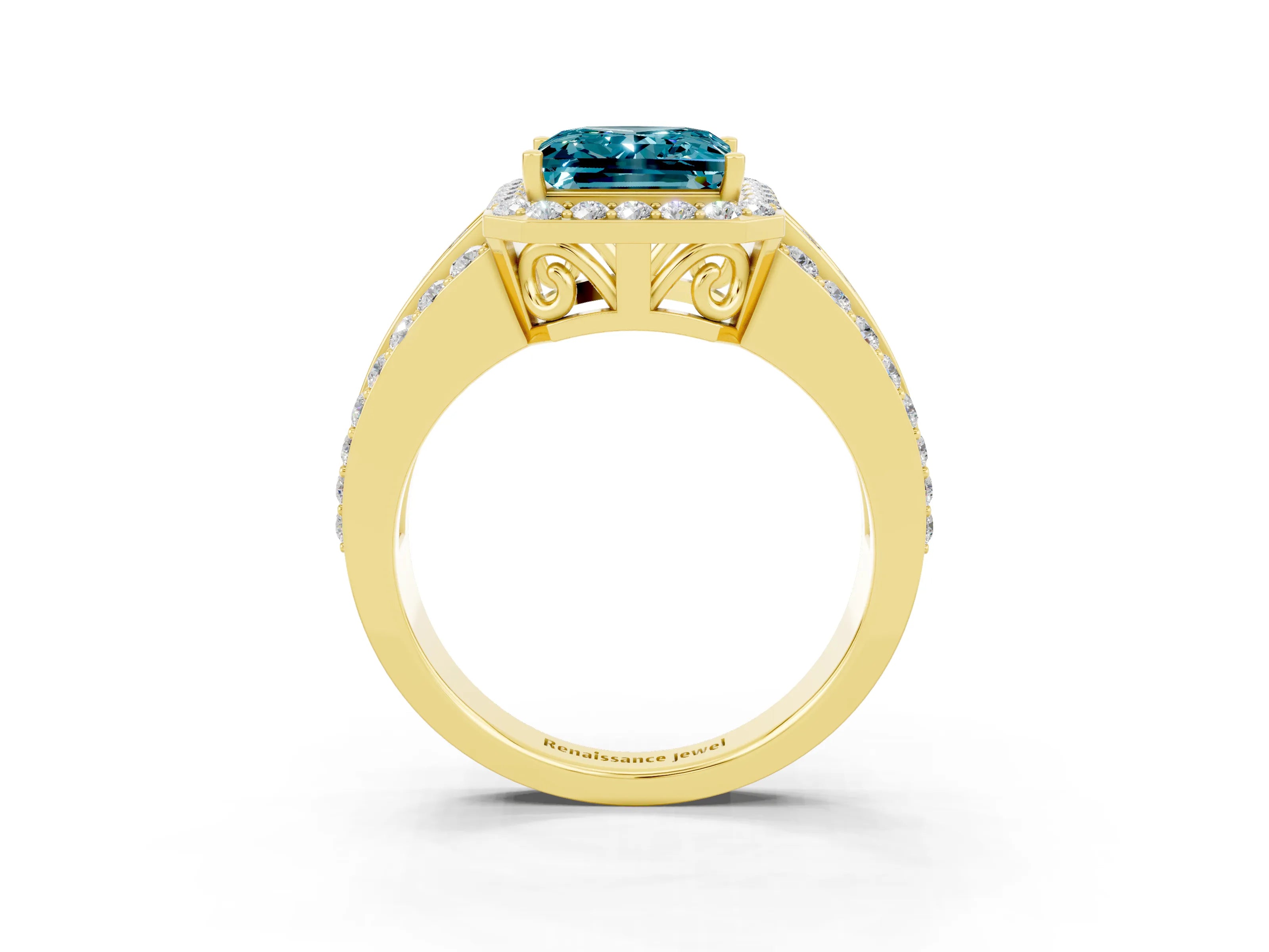 Yellow gold Princess Cut Halo Blue Topaz Ring with Split Shank and Four-Prong Setting_3