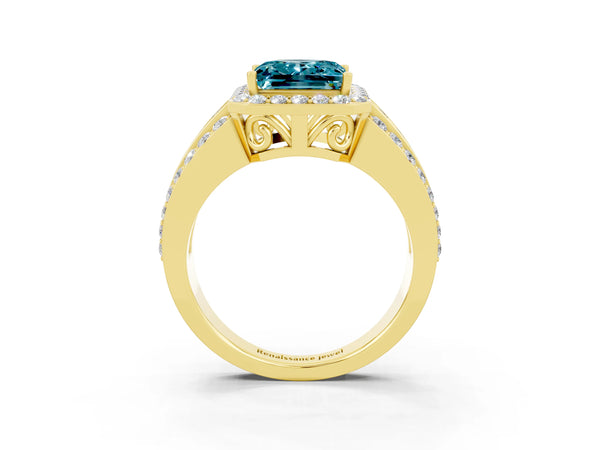 Yellow gold Princess Cut Halo Blue Topaz Ring with Round  Split Shank and Prong Setting