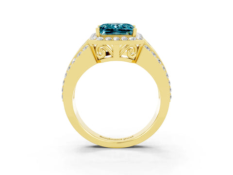 Yellow gold Princess Cut Halo Blue Topaz Ring with Split Shank and Four-Prong Setting_3