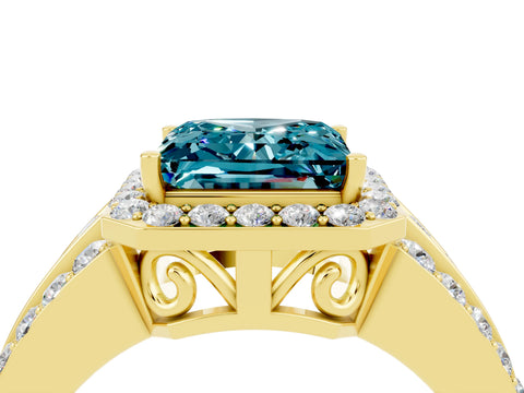 Yellow gold Princess Cut Halo Blue Topaz Ring with Split Shank and Four-Prong Setting_4