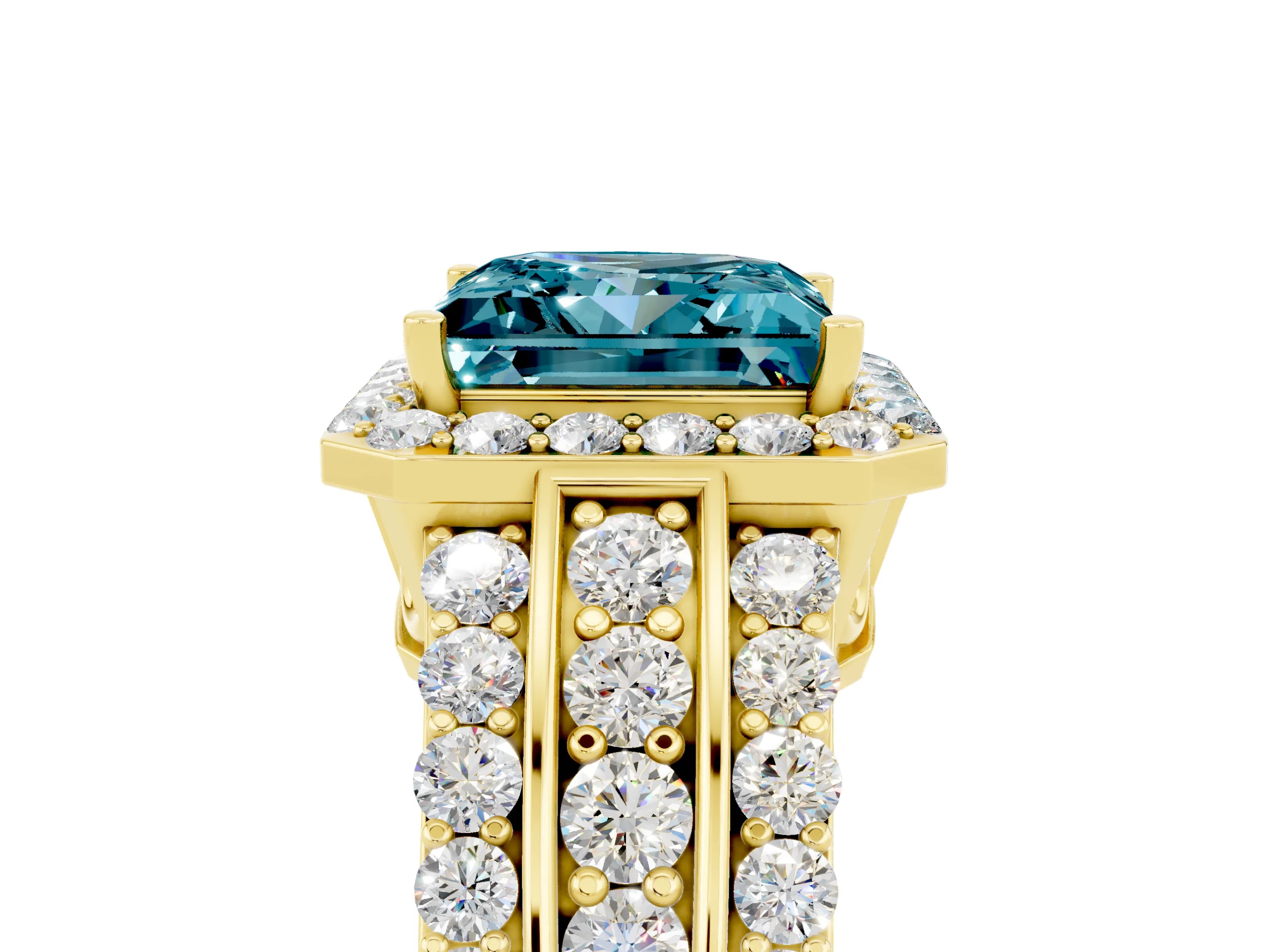 Yellow gold Princess Cut Halo Blue Topaz Ring with Split Shank and Four-Prong Setting_5