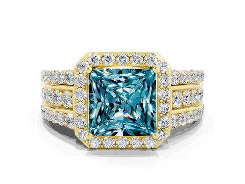 Yellow gold Princess Cut Halo Blue Topaz Ring with Split Shank and Four-Prong Setting