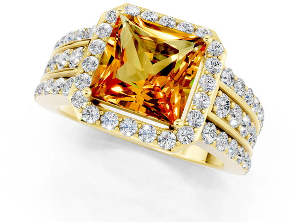 Yellow gold Princess Cut Halo Citrine Ring with Round  Split Shank and Prong Setting