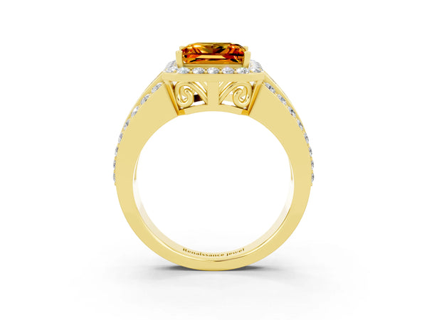 Yellow gold Princess Cut Halo Citrine Ring with Round  Split Shank and Prong Setting