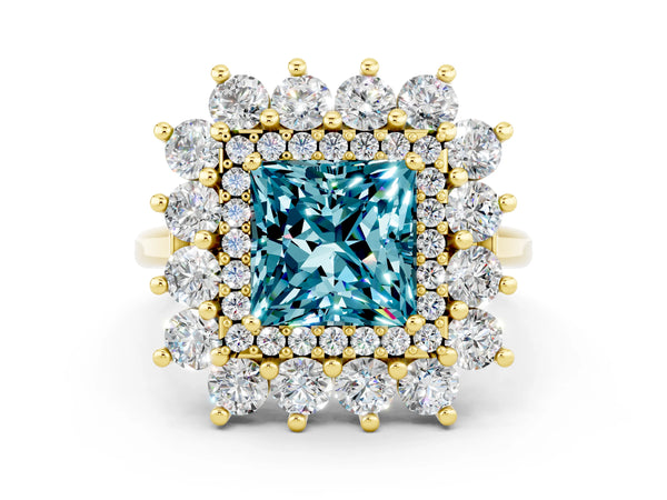 Yellow gold Princess Cut Halo Cluster Diamond Ring with Pave Band and Four-Prong Setting