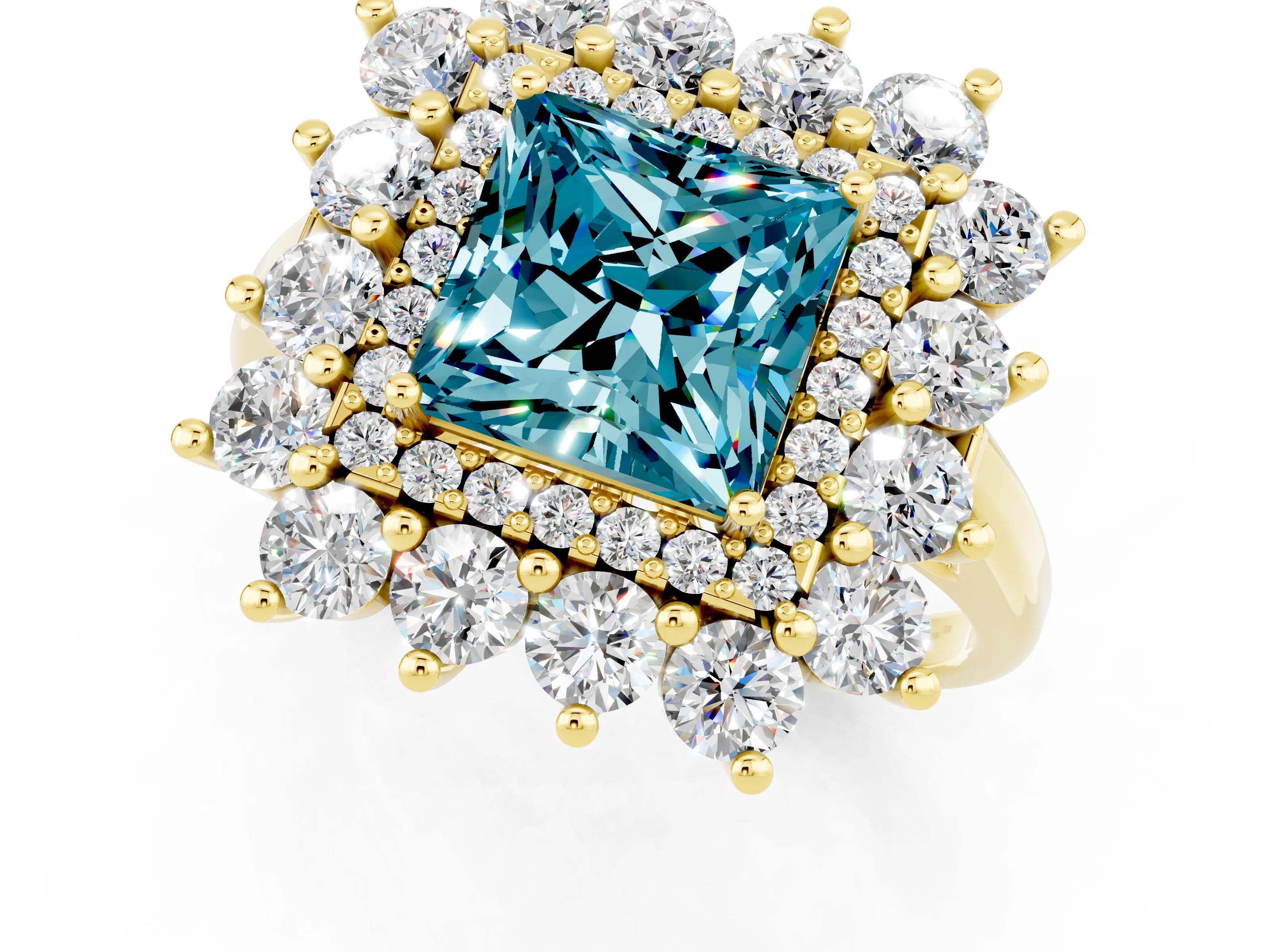 Yellow gold Princess Cut Halo Cluster Diamond Ring with Pave Band and Four-Prong Setting_1