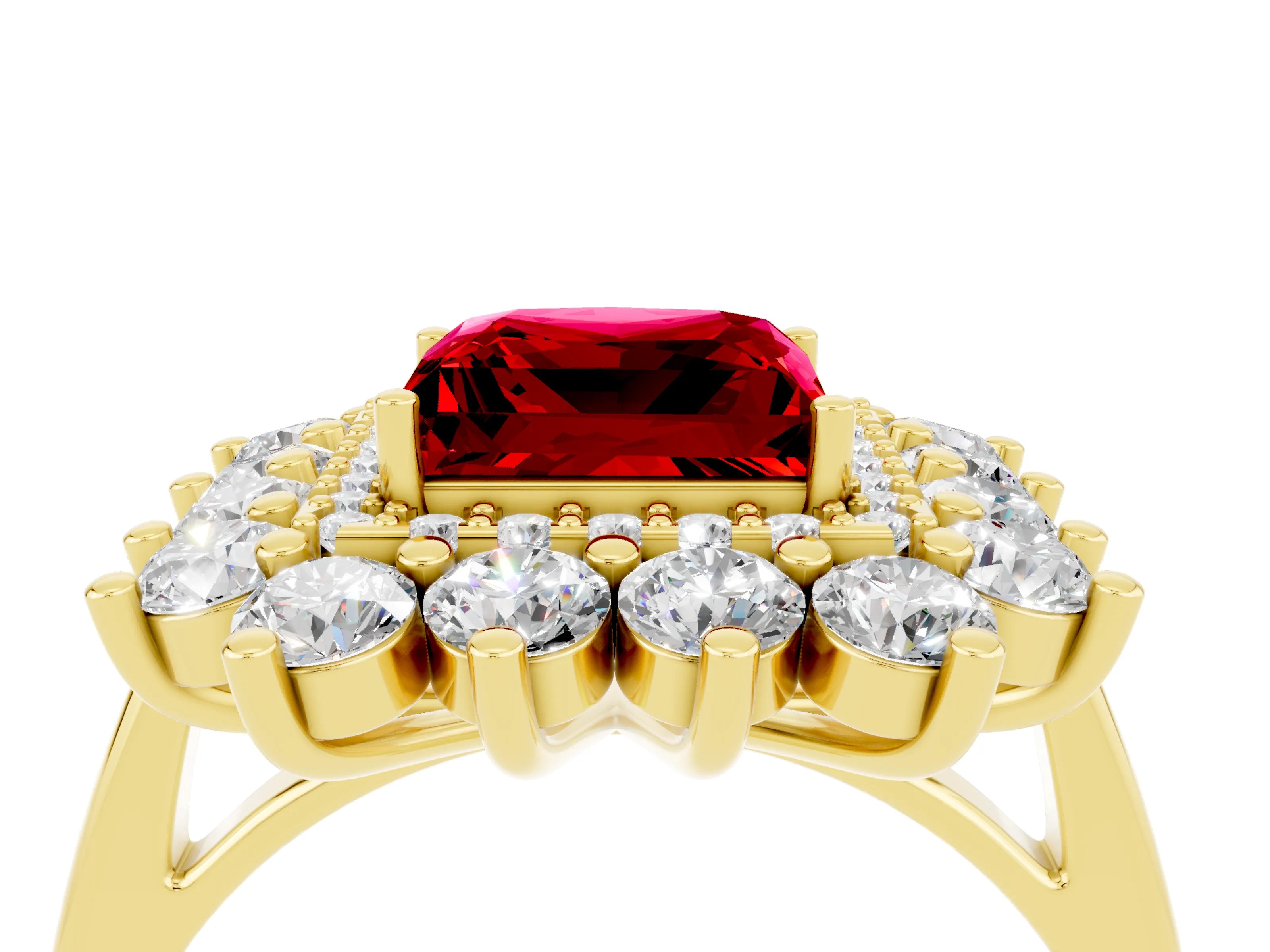 Yellow gold Princess Cut Halo Cluster Diamond Ring with Pave Band and Four-Prong Setting_10