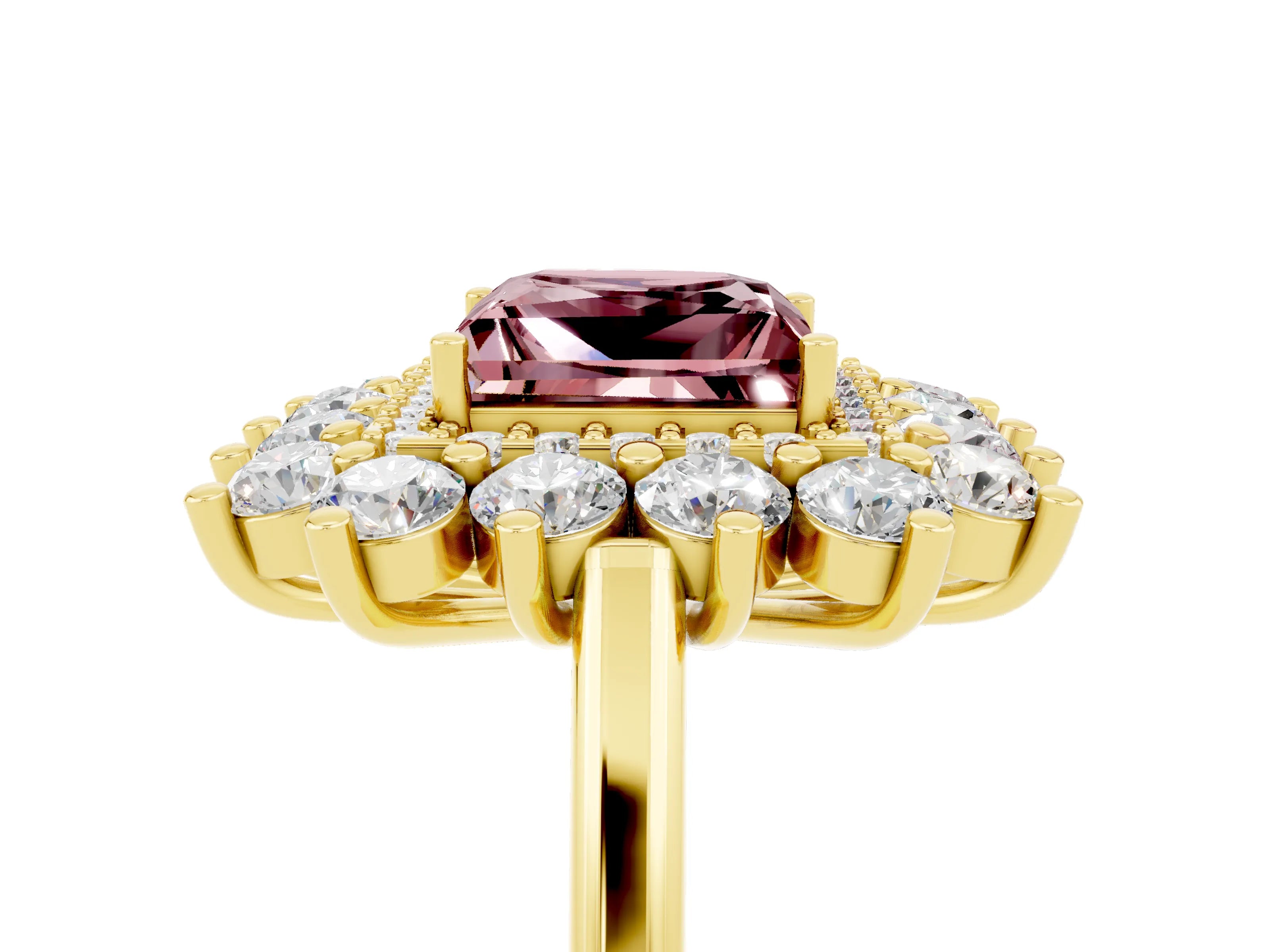 Yellow gold Princess Cut Halo Cluster Diamond Ring with Pave Band and Four-Prong Setting_11