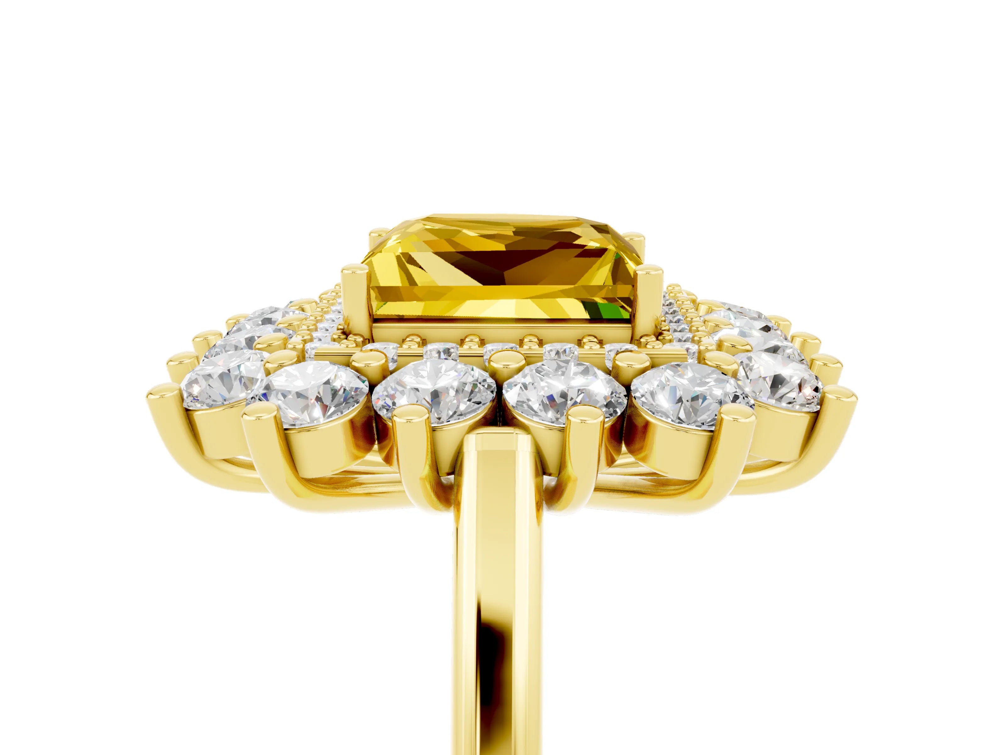 Yellow gold Princess Cut Halo Cluster Diamond Ring with Pave Band and Four-Prong Setting_11