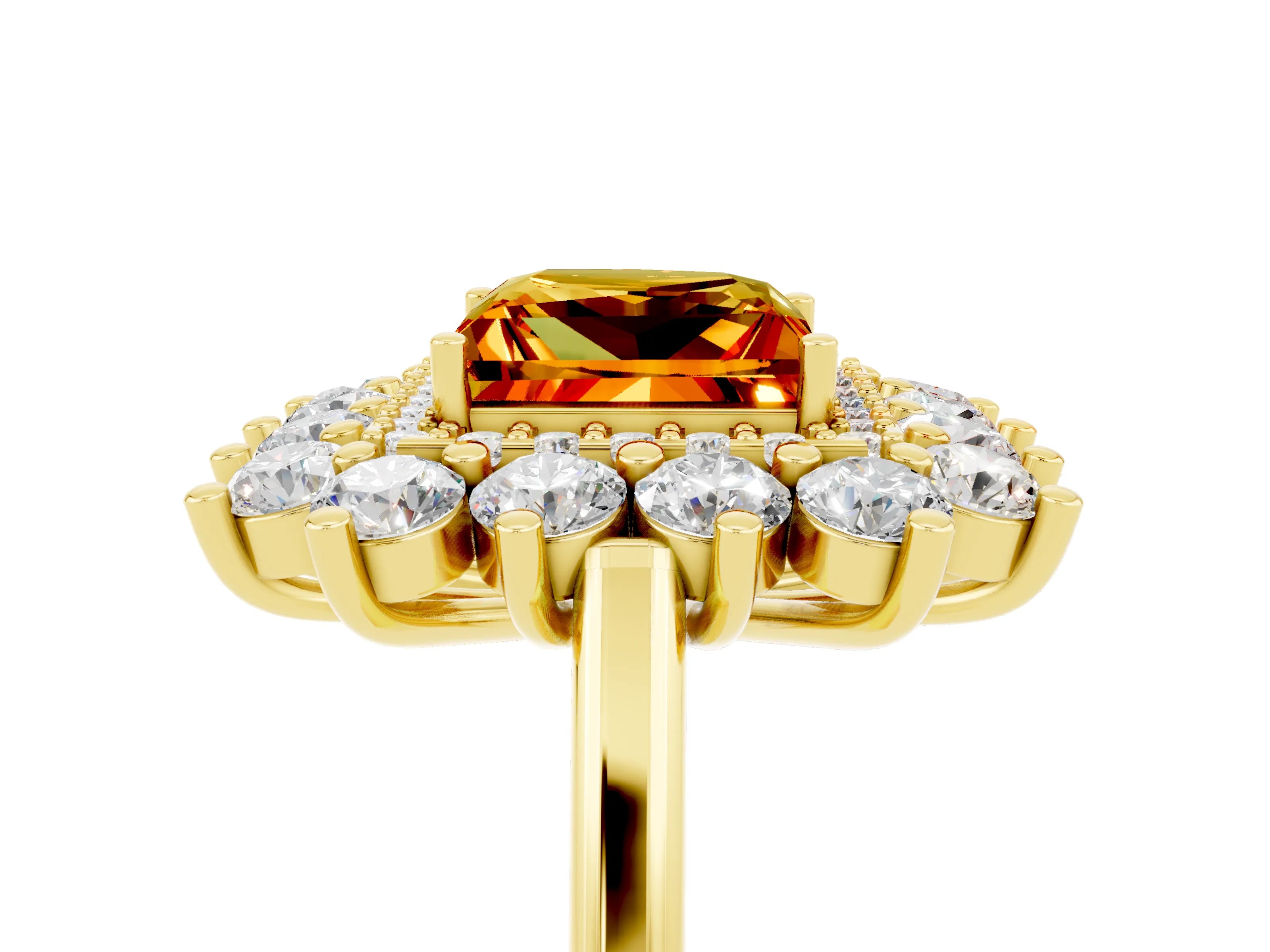 Yellow gold Princess Cut Halo Cluster Diamond Ring with Pave Band and Four-Prong Setting_11