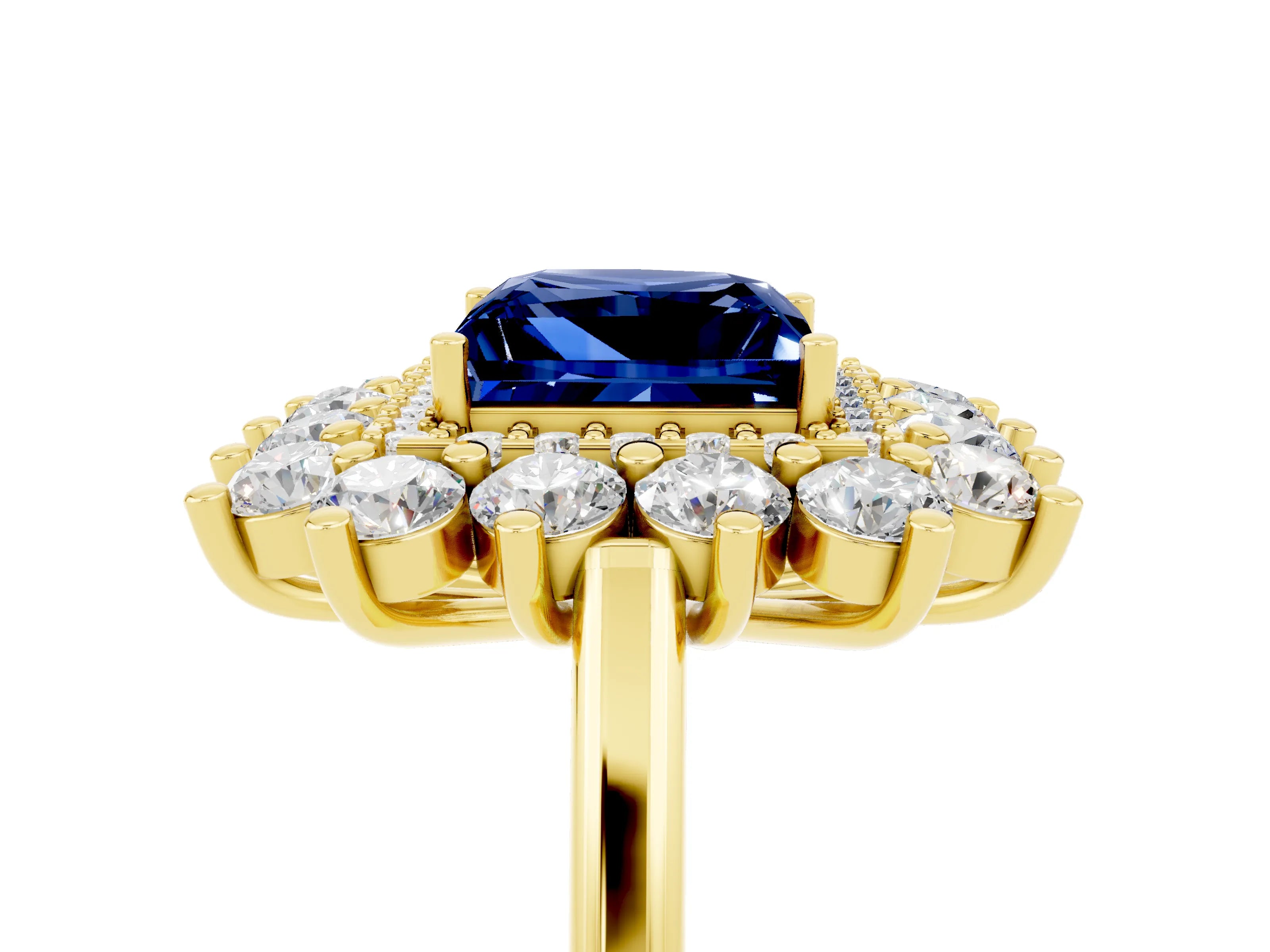 Yellow gold Princess Cut Halo Cluster Diamond Ring with Pave Band and Four-Prong Setting_11