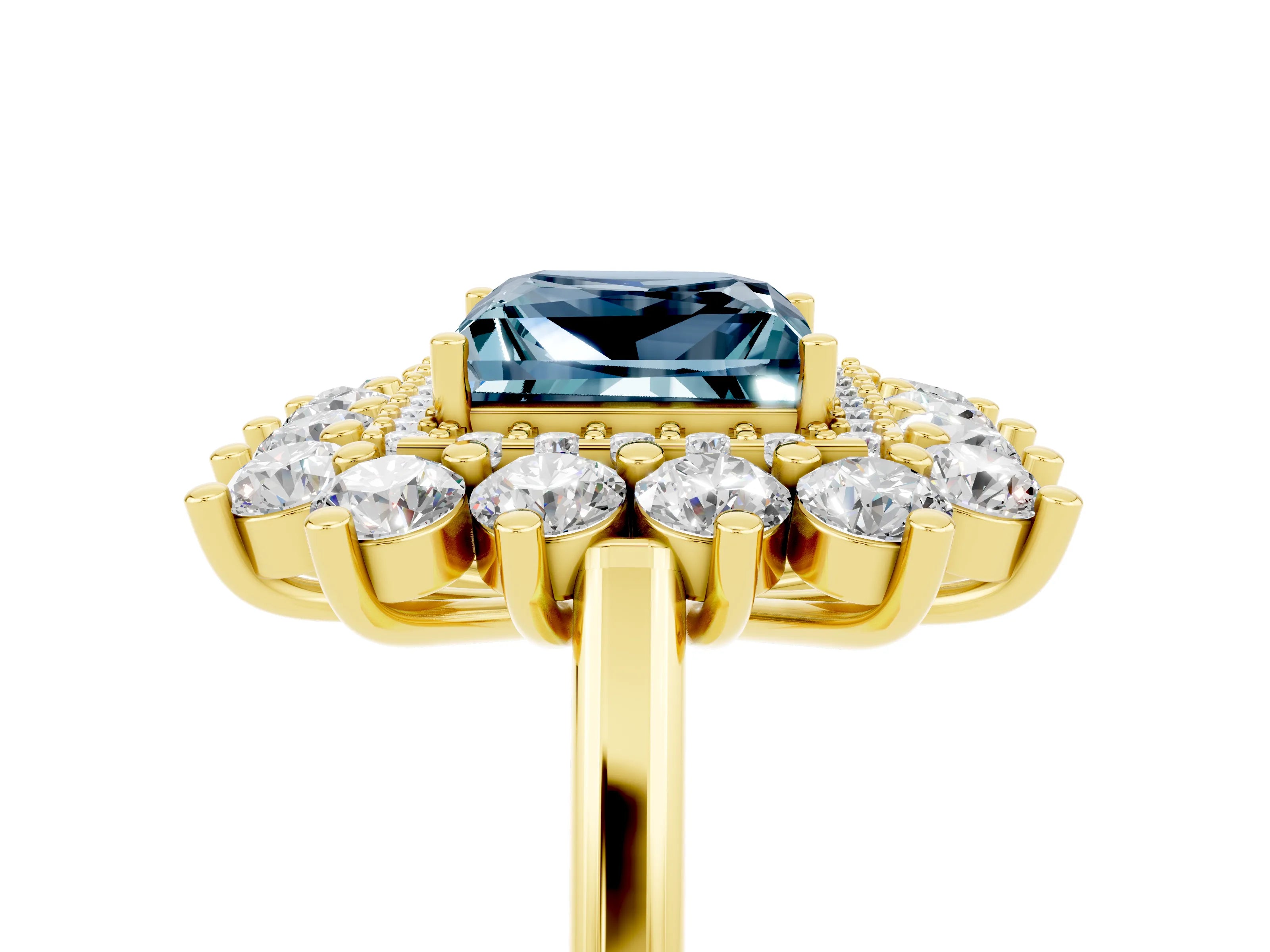 Yellow gold Princess Cut Halo Cluster Diamond Ring with Pave Band and Four-Prong Setting_11